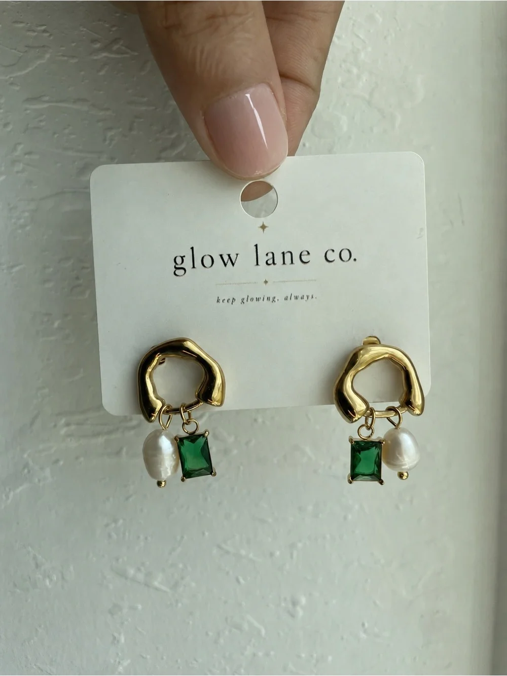18K Gold Green Stone Pearl Drop Earrings